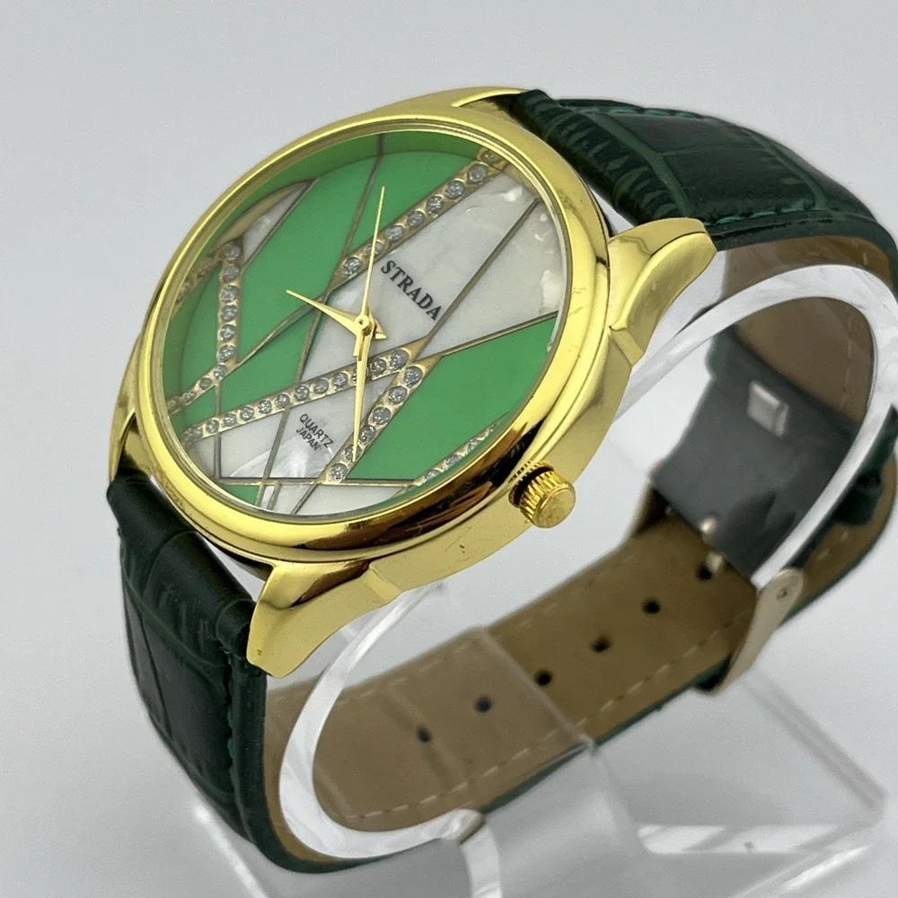 Strada Watch Women 40mm Gold‎ Case MOP Green Faux Leather Band- New Battery